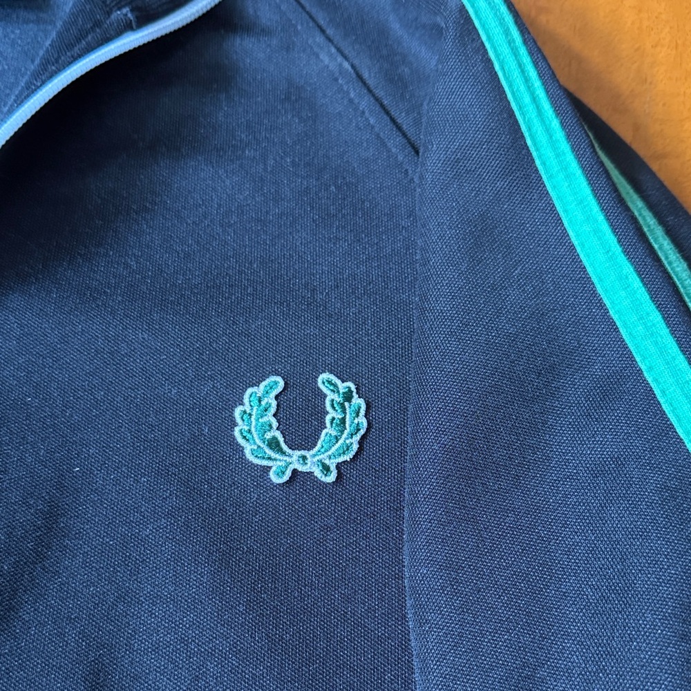 Fred Perry Black Track Jacket with Teal Green Stripes - Picture 2 of 7